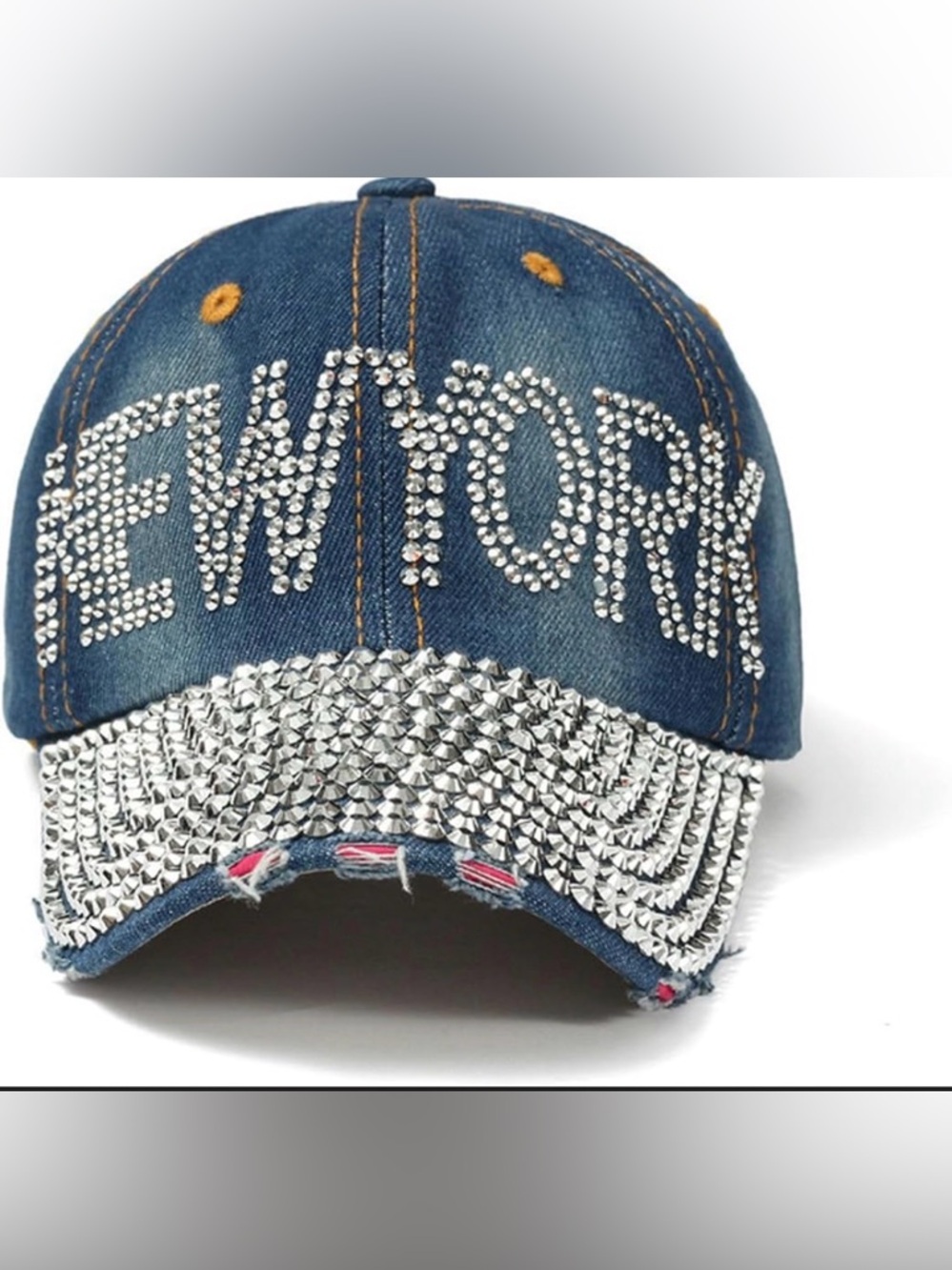 Denim Rhinestone Accent New York Bling Distressed Baseball Cap - Blue